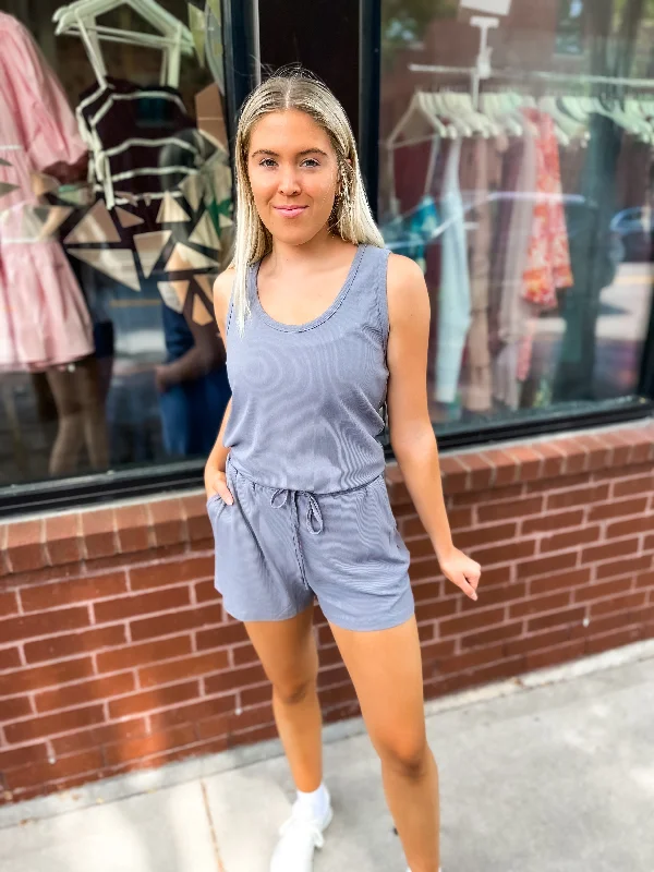 Rib Knit Tank Romper - Slate crew neck tank