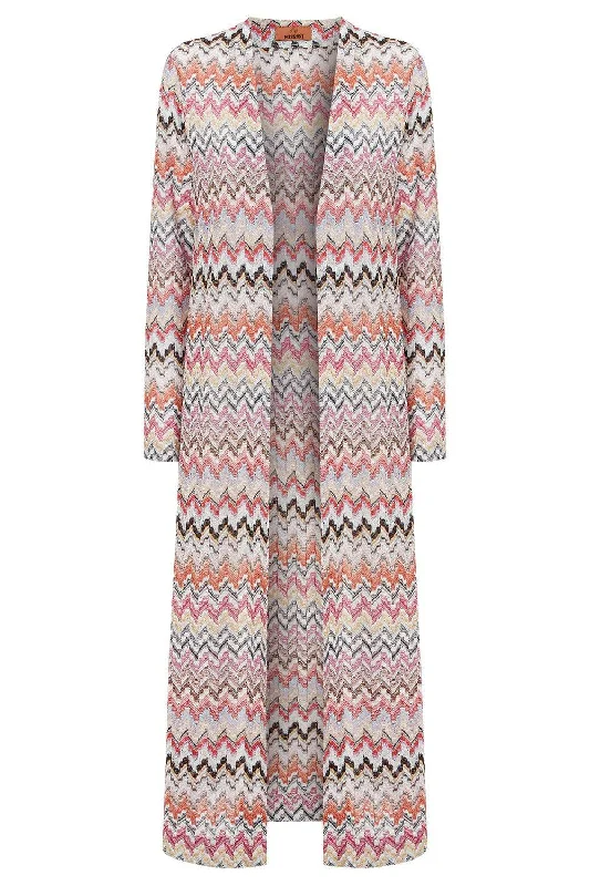 Long Cardigan - Pink White Houndstooth Herringbone Solid