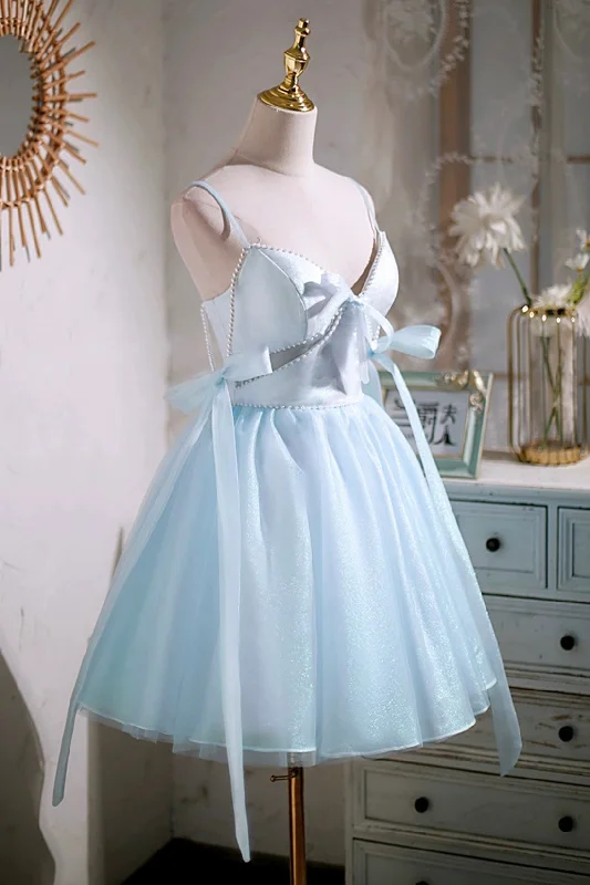 Sky Blue Spaghetti Straps Party Dress, Cute A-Line Tulle Homecoming Dress Crew Neckline Casual