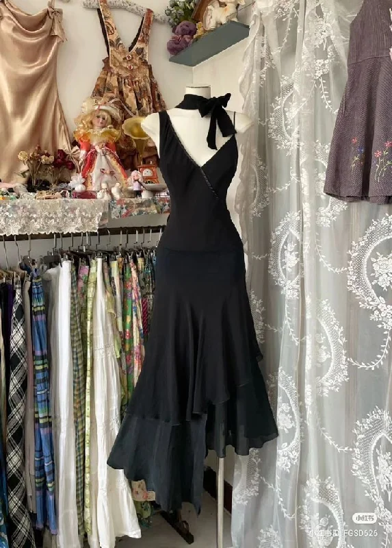 Elegant Black Straps Ruffles Vintage Long Party Dress, DP3621 Lace Sexy Club