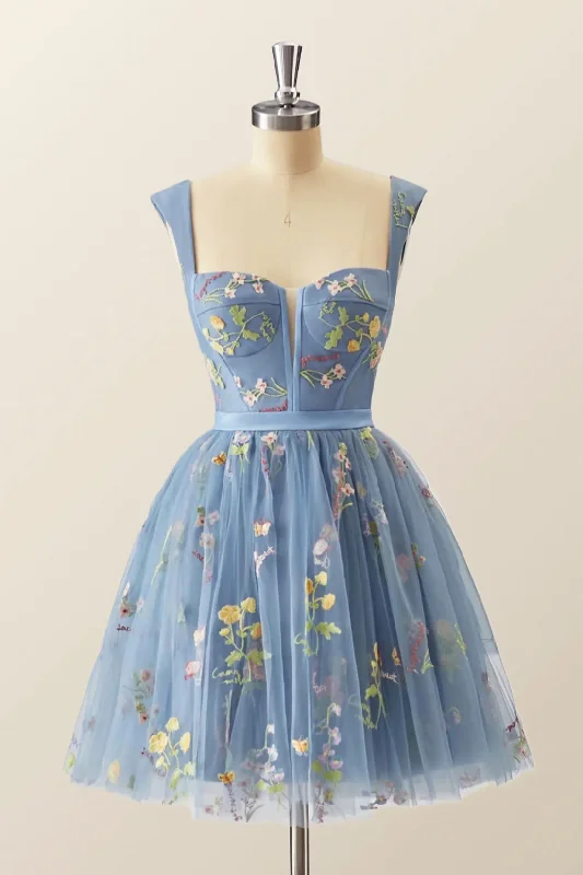 Blue Knee Length Tulle Party Dress, Cute Blue  Floral Tulle Homecoming Dress Tunics Stylish elegant