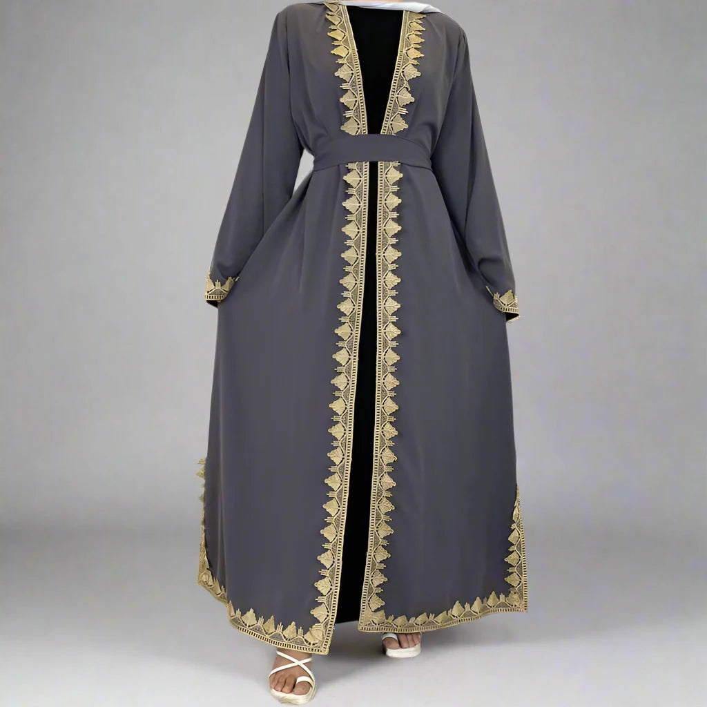 Middle East Fashion Embroidered Long Robe Cardigan Open Abaya Dress For Muslim Women Wool Fabric Cashmere Fabric Tweed Fabric