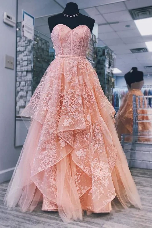 A line Pink Sweetheart Lace Appliques Prom Dresses with Tulle Cheap Party Dresses Tunics Recommended stylist