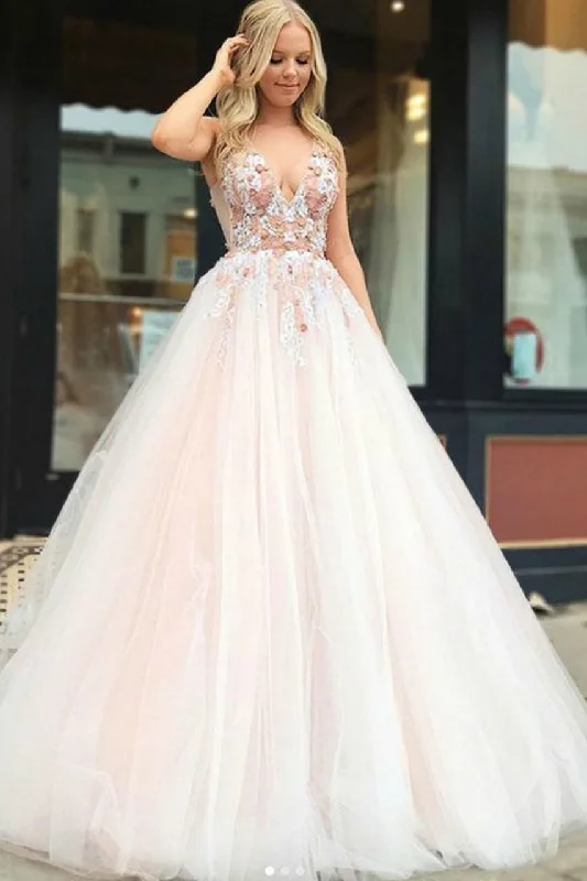 Pink Tulle V Neck Backless Appliques Long Prom Dresses Beads Cheap Party Dresses Tunics Business professional