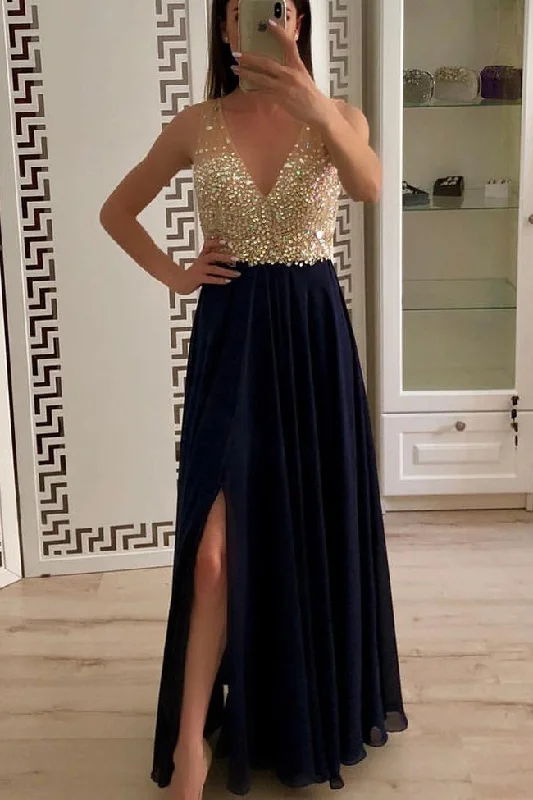 Shiny Crystal Beaded A Line V Neck Black Long Prom Dresses Formal Evening Party Dress Tunics Short Trendy