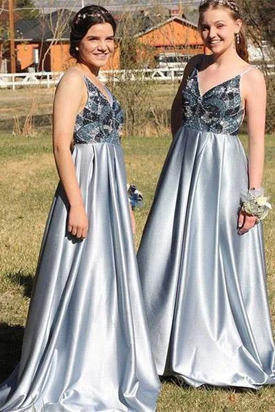 A Line Spaghetti Straps Backless Blue Prom Dress with Beading Long Party Dresses Tunics Occasion special