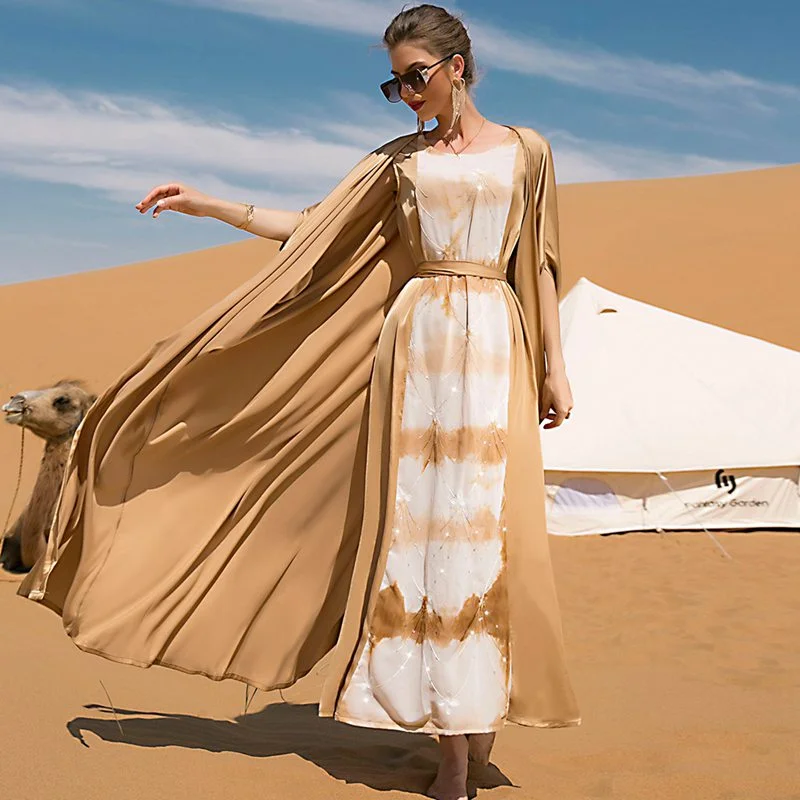 Middle-length Sleeves Sequins Tie-dye 2 Pieces Set Open Cardigan Abaya Dress Faux Fur Fabric Real Fur Fabric Shearling Fabric