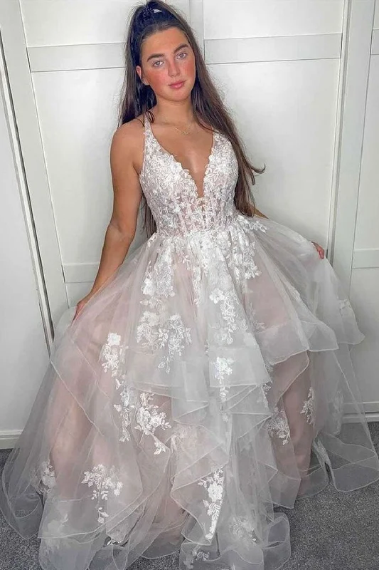 Appliques Formal Party Dresses A Line V Neck Lace Evening Dresses Long Prom Dresses empire Waist empire