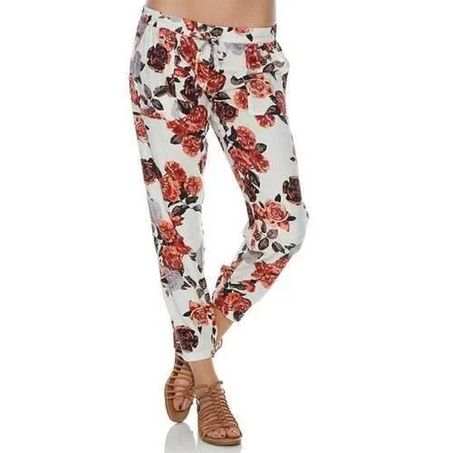 Casual Style Floral Print Tie-Up Pants For Women - White S Trendy Tapered Pants