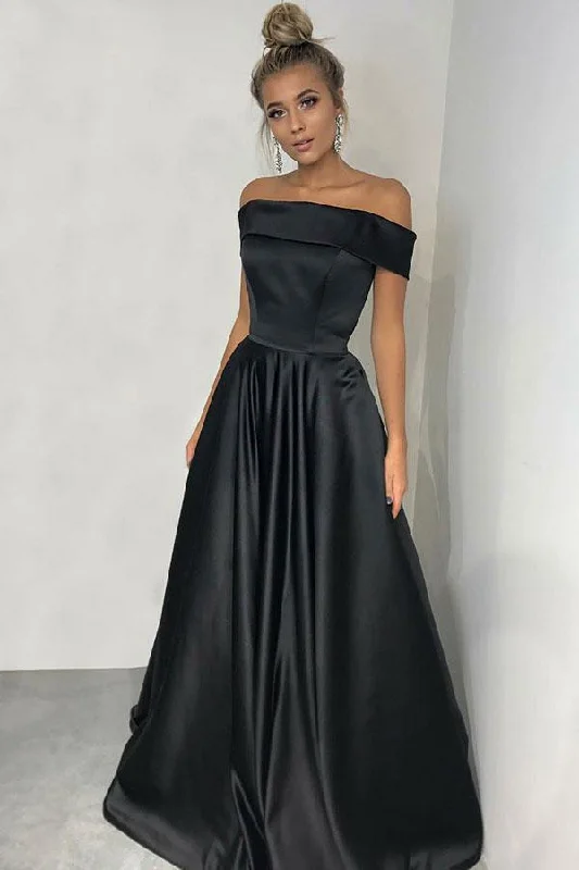Simple Black A-line Off the Shoulder Satin Prom Dresses Long Party Dresses Tunics Lace romantic