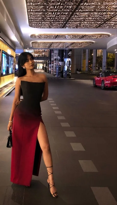 Black and Red Strapless Sheath Long Evening Party Dress with Split, DP4048 Tunics Business professional