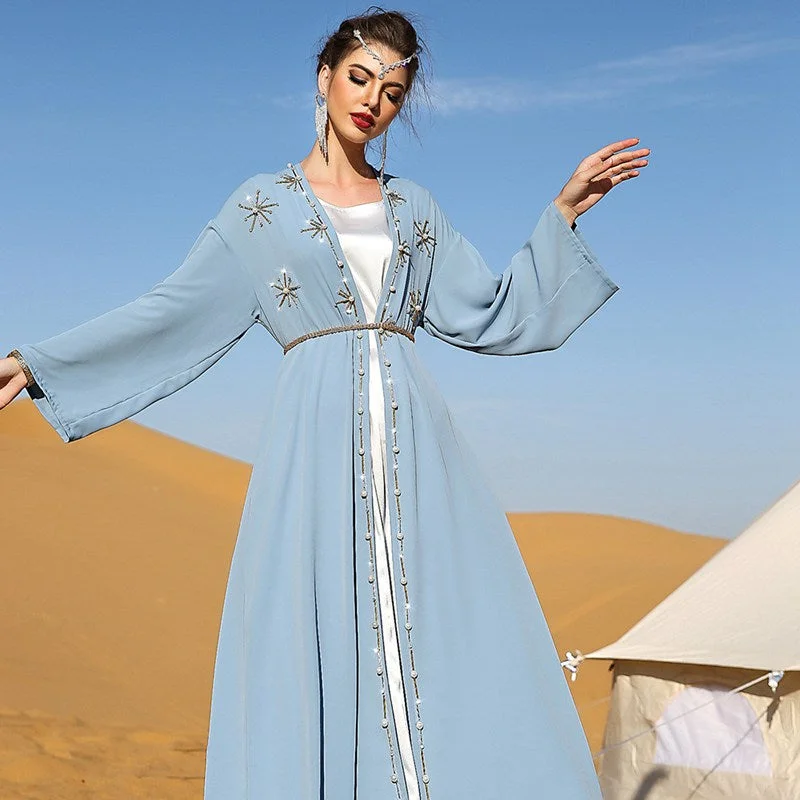 Arab Hand-stitched Rhinestone Open Cardigan Abaya Dress Fleece Fabric Down Fabric Feather Fabric