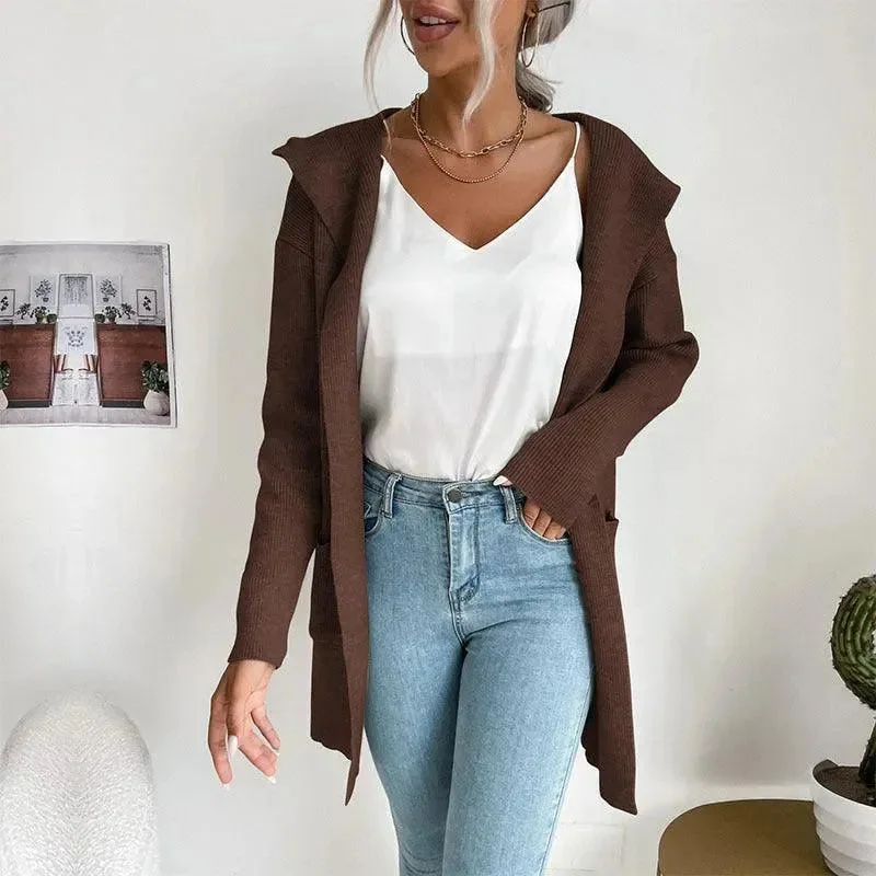 Hooded Knitted  Women Cardigan Sweater Hooded Cardigan Collared Cardigan Shawl Collar