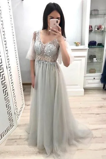 Princess V Neck Short Sleeve Gray Prom Dresses Long Tulle Party Dresses Tunics Party sparkling