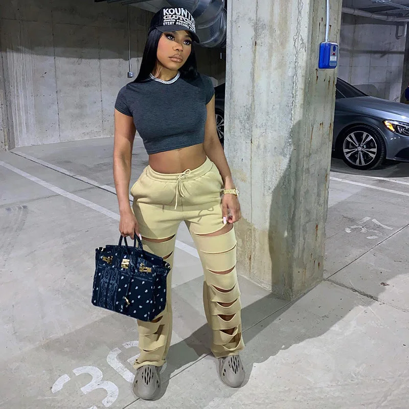 High Waist Loose Women Pants with Broken Holes Relaxed Lounge Trousers