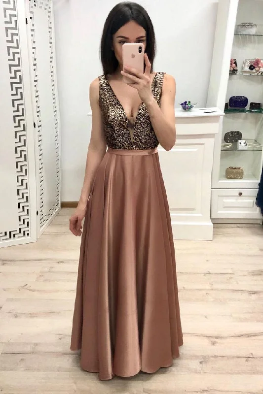 Simple A Line Long V Neck Brown Prom Dresses With Beads Cheap Party Dresses Tunics Solid Classic