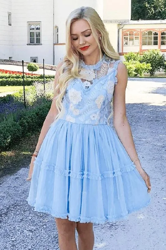 Jewel Short Blue Chiffon Homecoming Party Dress with Lace Straps Appliques Prom Dress Tunics Vintage classic