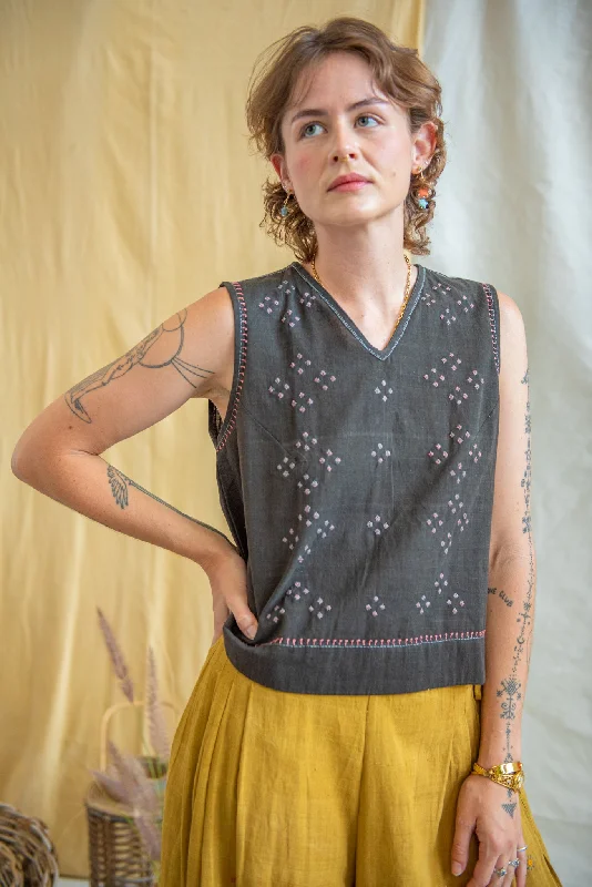 Embroidered Iron Black Cotton Tank Blouse yoga tank top