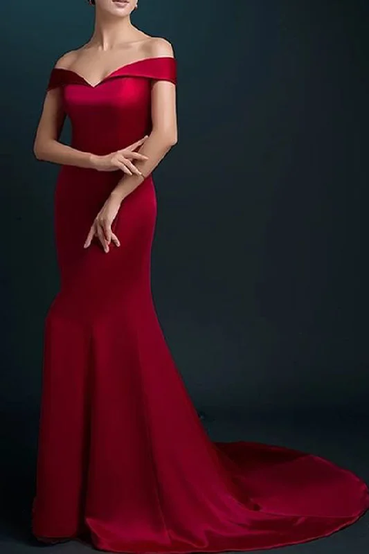 Hot Sales Mermaid Off the Shoulder Burgundy Long Prom Dress Evening Party Dress Tunics Floral girly