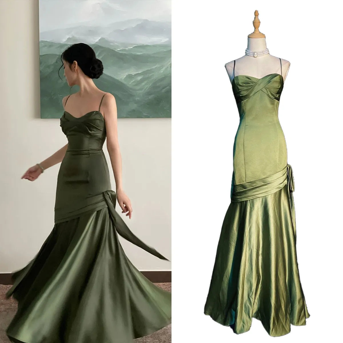Elegant Emerald Green Irregular Patchwork Evening Party Dress High Waist Spaghetti Strap Pleated Hem Prom Gown For Women Tunics Timeless classic