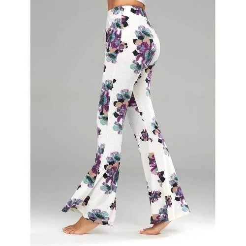 Casual Floral Print Flare Pants - White M Slim Fit Casual Pants