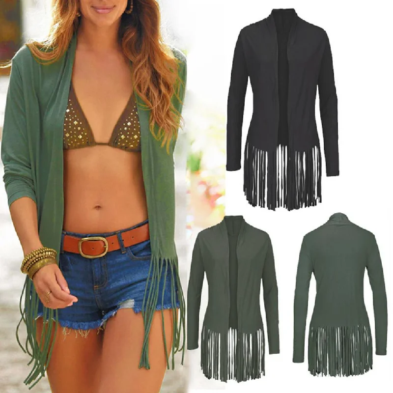 Phenovo Women's Long Sleeve Tassel Shawl Cardigan Tops Coat S Black Ribbed Striped Patterned