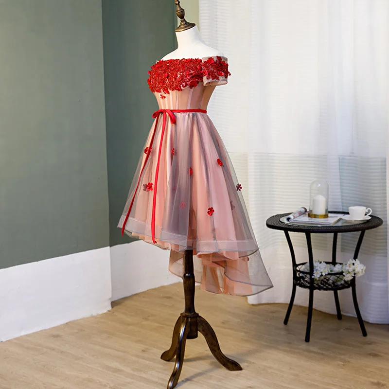 Red High Low Tulle Off Shoulder Party Dress, Red Homecoming Dress Chiffon Maxi Beach