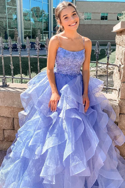 A Line Lavender Evening Party Dresses Cascading Ruffles Long Prom Dress Tunics Party sparkling