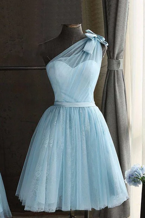 Cute Baby Blue Tulle One Shoulder Short Prom Dress Bowknot Knee Length Party Dresses Sequined Elegant Party