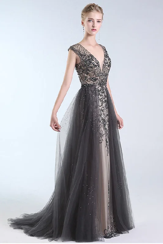 Sparkle Backless V Neck Grey Tulle Crystal Long Formal Prom Dresses Evening Party Dress Tunics Silk luxurious