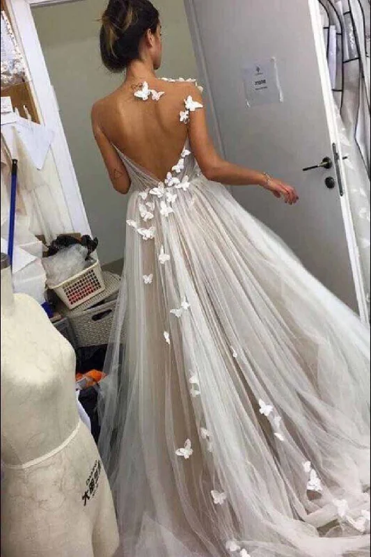 A Line Gray Tulle Open Back Butterfly Sleeveless Long Party Dresses Prom Dresses Tunics Exclusive limited