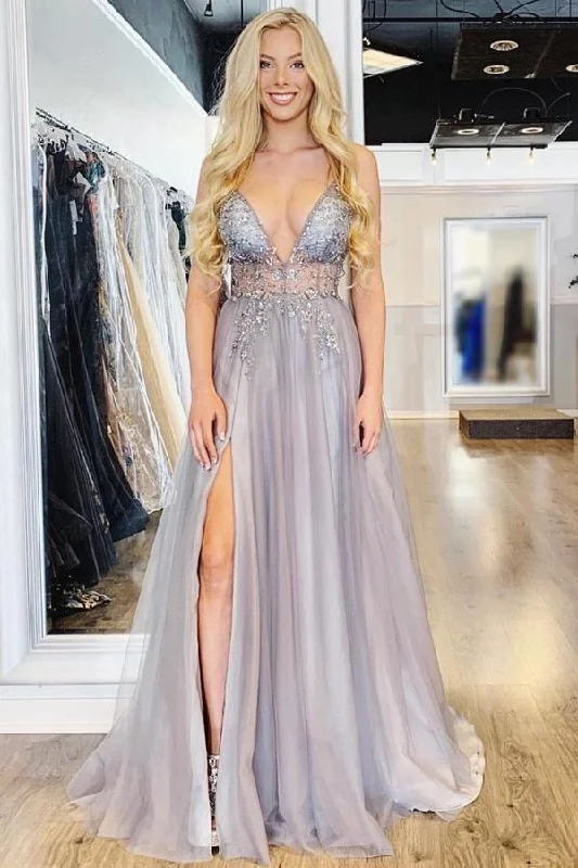 A Line Spaghetti Straps Deep V Neck Beads Tulle Prom Dresses with High Split Party Dress Tunics Essential wardrobe