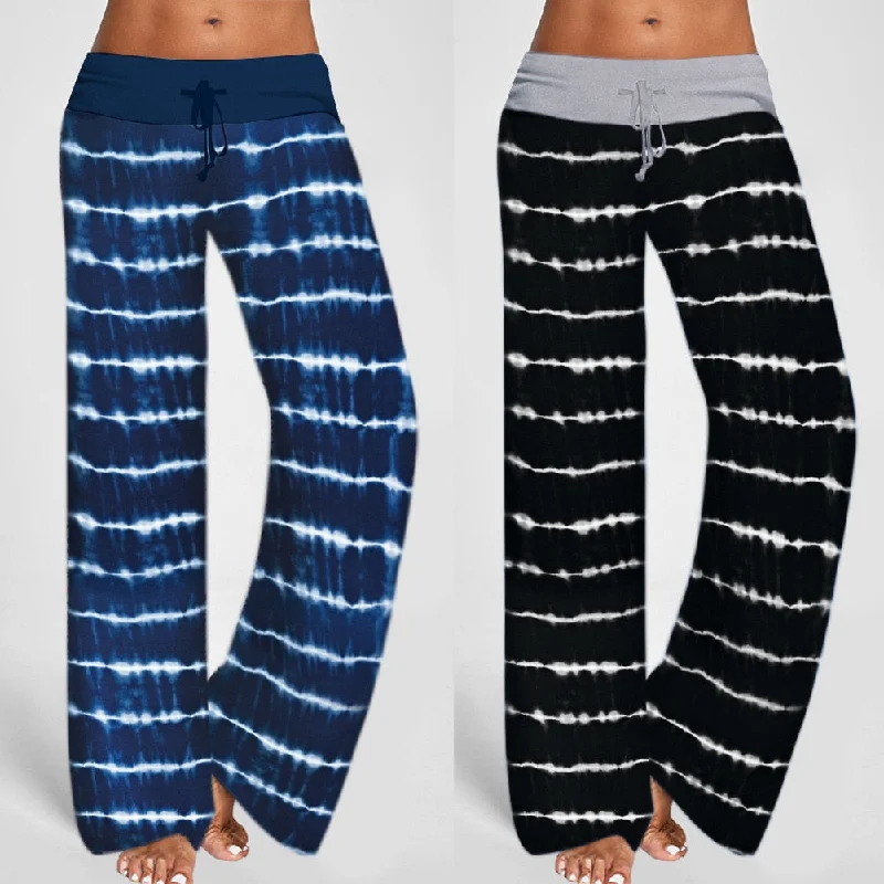 Stripe Print Wide Leg Drawstring Elastic Low Waist Lady Pants Stylish Harem Pants