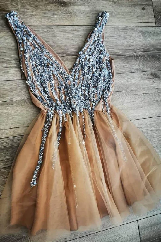 V Neck A-line Gorgeous Gold Short Party Dress with Beading Homecoming Dress Satin Halter Glamorous