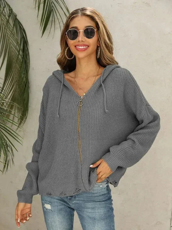 Hooded Hole Women Cardigan Sweater Crew Neck V-Neck Turtle Neck