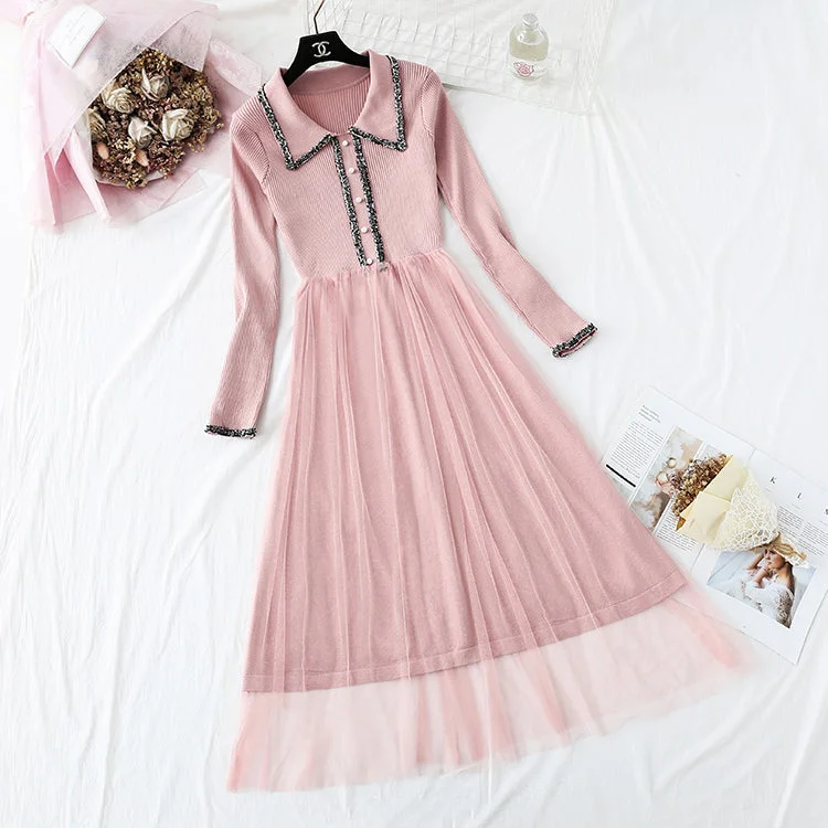 New mesh stitching small fragrance fairy slim bottom skirt  4300 button skirt front