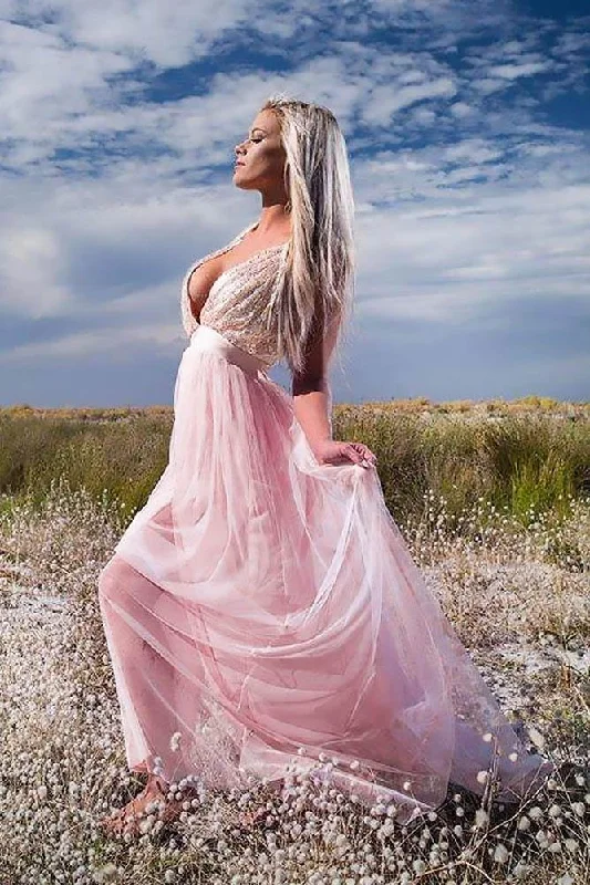 A Line Light Pink Tulle Deep V Neck Prom Dresses Sequins Backless Party Dresses Tunics Bestseller popular