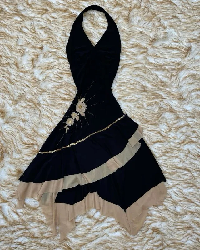 Black V Neck Halter A-Line Midi Length Cocktail Dress Evening Party Dress, DP4382 Chiffon Maxi Beach
