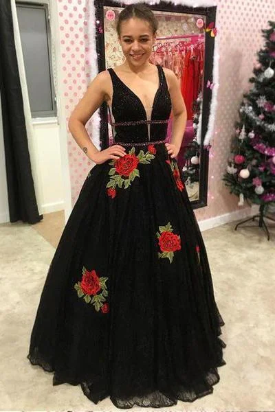 A Line V Neck Straps Lace Black Prom Dresses Backless Cheap Party Dresses Tunics Timeless classic