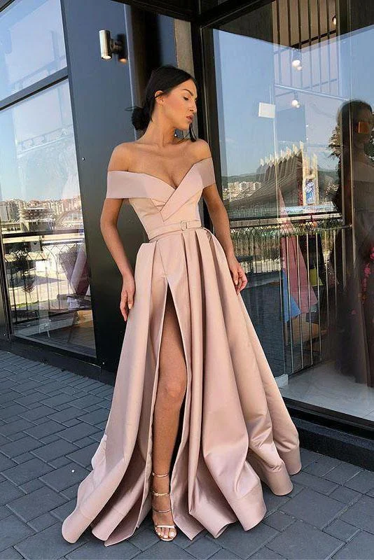 A Line Off the Shoulder V Neck Satin Prom Dresses with High Split Party Dresses Tunics Review highly