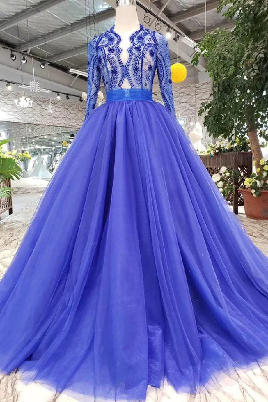 New Design Long Sleeves See Through Lace Beaded Blue Prom Dresses Formal Evening Party Dress Glittery Long Formal