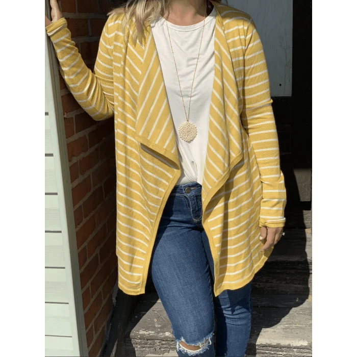 Mustard Waterfall Cardigan Ribbed Striped Patterned