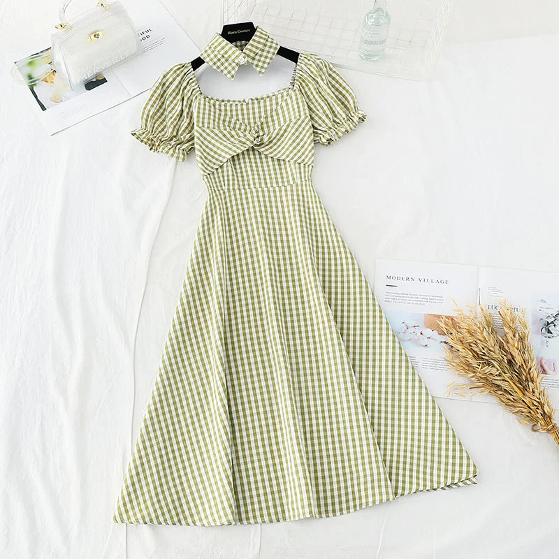 Narrow waist, thin temperament, bubble sleeve design, minority French retro plaid skirt  4214 lace skirt romantic