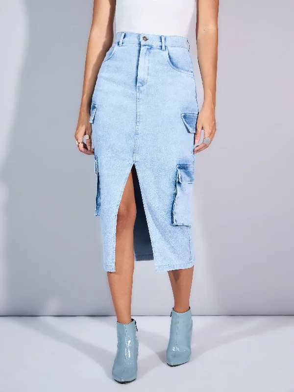 Women Light Blue Denim Box Pocket Front Slit Midi Skirt denim skirt fashionable