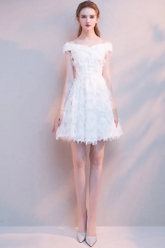 White Off-The-Shoulder Feather Party Dress Short Mini Homecoming Dress Tunics Chinos classic