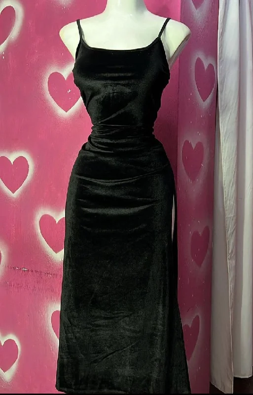 Classy Black Spaghetti Straps Velvet Sheath Long Party Dress, DP4096 Tunics Lace romantic