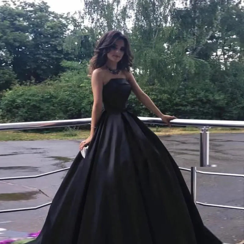 Zjkrl  -  New Style Prom Dresses Simple Satin Strapless A-line Black Evening Party Dresses Robe De Soirée Floor Length Tunics Summer linen