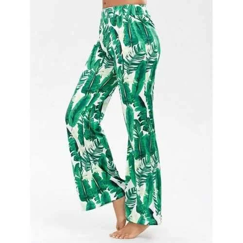 Palazzo Pants with Palm Print - Green S Classic Chino Pants