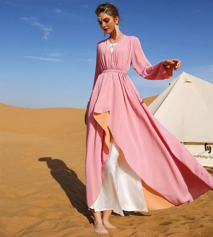 Double Layer Double Color Chiffon Reversible Cardigan Open Abaya Robe Dress Mesh Fabric Canvas Fabric Denim Fabric