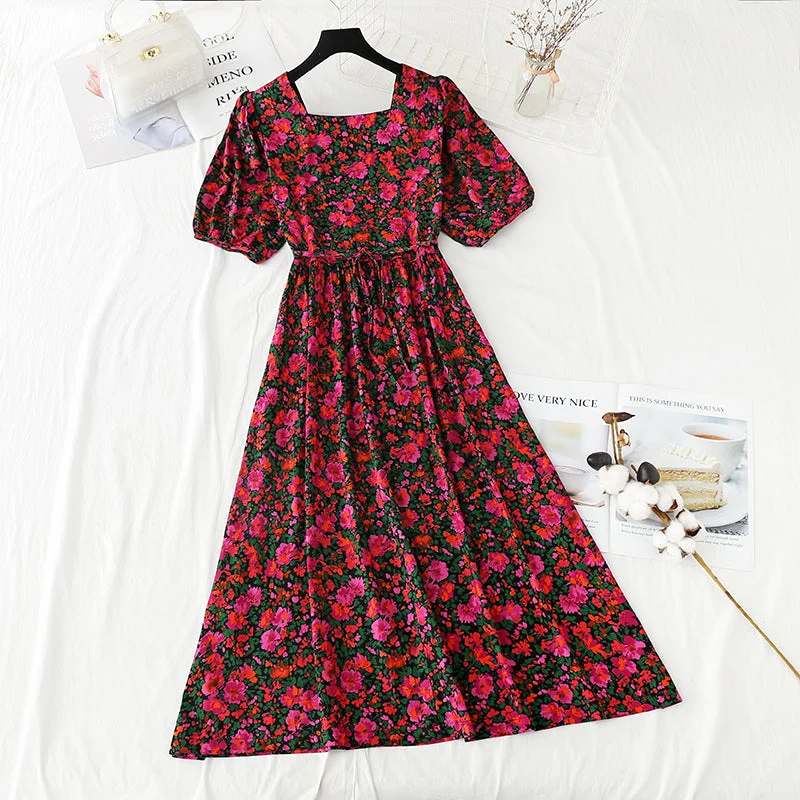 New French style square neck bubble sleeve waist closing slim skirt  4244 velvet skirt rich
